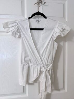 Express White Wrap Blouse with Ruffle Cap Sleeves and Tie